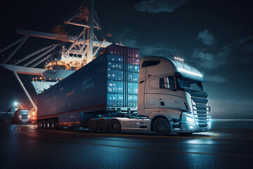 a truck with a trailer next to shipping containers at the port. Generative AI