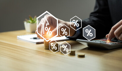 interest rates and dividends, Business people calculate and higher graphs and percentages...