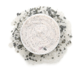 Jar with natural body scrub and sea salt isolated on white background