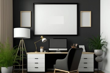 Blank horizontal poster frame mock up in minimal white style living room interior, modern living room interior background, Ai generative.