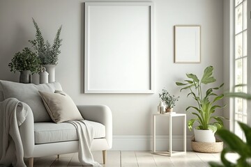 Blank horizontal poster frame mock up in minimal white style living room interior, modern living room interior background, Ai generative.