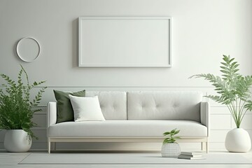 Blank horizontal poster frame mock up in minimal white style living room interior, modern living room interior background, Ai generative.