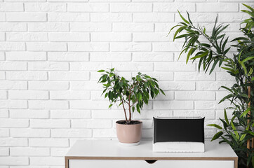 Air purifier and houseplants on chest of drawers near white brick wall