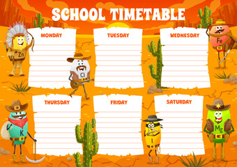 School Timetable schedule. Wild West cartoon cowboy, sheriff, bandit and robber vitamin characters. Vector nutritional supplement personages. Zn, Cl, Fe, K, I, Mg capsules having fun in dessert