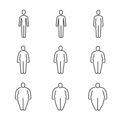 Fat body icons. Human obese classification thin line vector silhouettes. Overweight and slim man or woman person isolated figures of body mass index, healthy lose and gain weight process