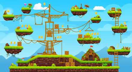 2d arcade game level map interface. Platform, stairs, coin, bonus and treasure icons, vector video and computer game ui. Cartoon ground and grass level landscape, flying islands, ladders, stars, keys