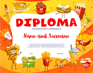 Kids diploma. Cartoon funny fast food characters. School education achievement vector award with cheerful hotdog, pancakes, chicken nuggets and hong kong waffle, noodles, cheese sticks cute personages