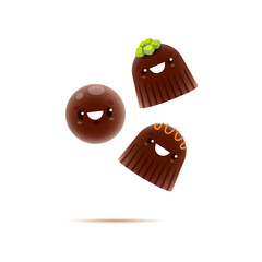 Cartoon chocolate candy characters, sweet dessert and vector confectionery food with funny face. Happy cute chocolate comfit friends with smile, kids sweet food comic personages