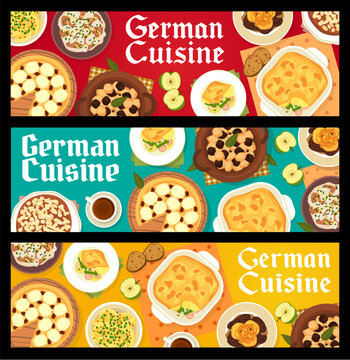 German cuisine meals banners, food of Germany, vector dinner dishes. German cuisine food menu, apple streusel cake, beef stew schnelklops and liver with pineapple and vegetables sausage casserole