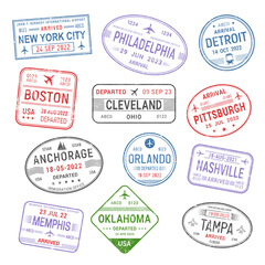 Passport travel stamps. USA cities. United States trip, immigration visa, plane international flight vector ink label with New York, Philadelphia, Boston and Cleveland, Pittsburgh, Anchorage stamps - obrazy, fototapety, plakaty