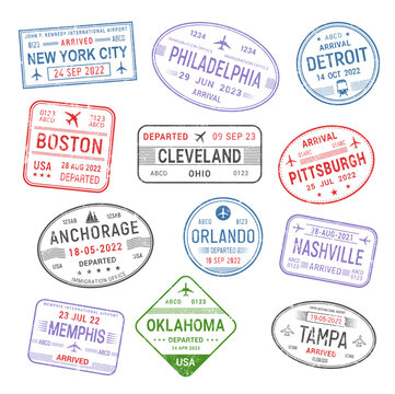 Passport travel stamps. USA cities. United States trip, immigration visa, plane international flight vector ink label with New York, Philadelphia, Boston and Cleveland, Pittsburgh, Anchorage stamps