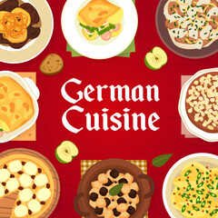 German cuisine menu cover, Germany food dishes and meals, vector. Traditional German cuisine beef stew schnelklops, apple cake streusel and liver with pineapple or pork kidney stew