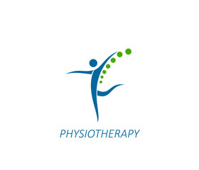 Physiotherapy, spine pain therapy icon. Physiotherapy clinic, spine health doctor or chiropractic massage therapist vector emblem. Back pain treatment medical practice sign or symbol with human figure