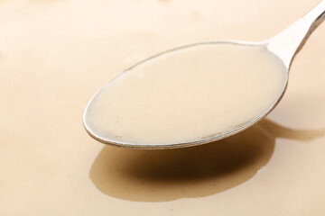 Spoon with delicious tahini, closeup