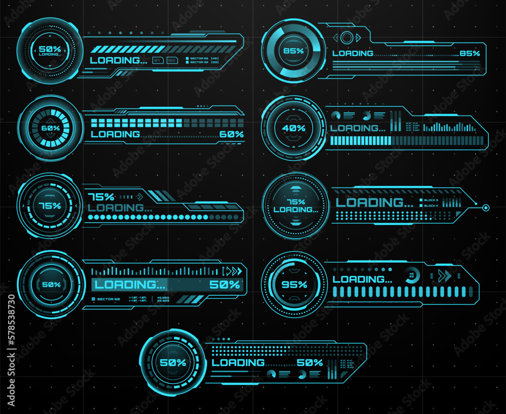Leinwandbilder HUD futuristic loading bars, Sci Fi user interface and digital technology, vector screen UI. HUD game loading bars and future tech process load or data donwload dashboard with status holograms