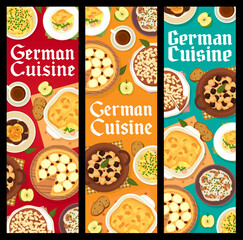 German cuisine meals banners, Germany food fishes vector menu. German cuisine food cheese cake streusel, vegetable sausage casserole spaetzle and beef stew schnelklops with mustard potato salad