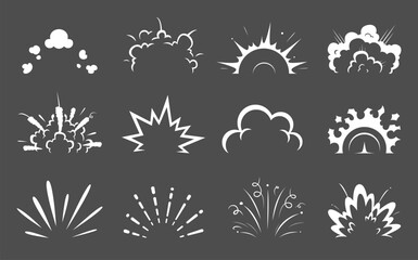 Cartoon bomb explosion and comic clouds of boom blast, explosive effect vector icons. Bomb explode or TNT dynamite detonation sparks and bang boom pop clouds with explode shot trails