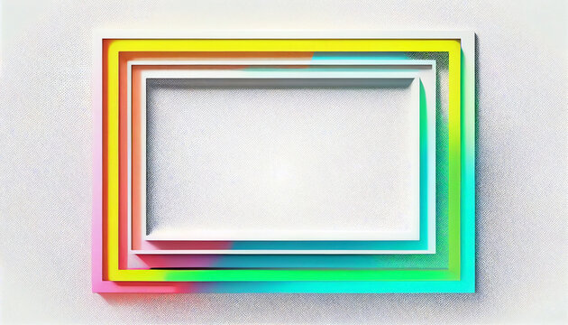 Very bright rectangular frame with fluorescent colors with a wide chromatic range. Minimalistic neon geometric shape with a square in the center of the frame on a white background. Ai generated