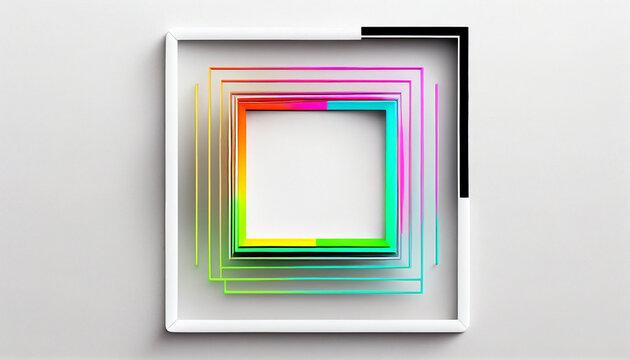 Very bright square frame with fluorescent colors with a wide chromatic range. Copy-space minimalistic neon geometric shape with a square in the center of the frame on a white background. Ai generated