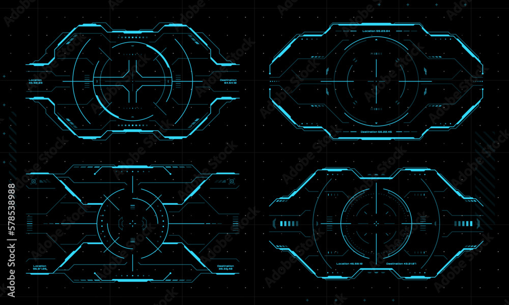 Fototapete HUD aim control target frames, UI interface of digital futuristic technology, vector viewfinder screen. HUD aim control target borders for cyber space game or dashboard display with virtual hologram