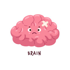 Brain sick, body organ character injured or unhealthy, cartoon vector personage. Human brain with face in pain, headache or mental disease, migraine ache or heart stroke, sick brain with patch