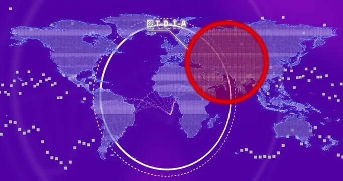 Animation of dna strand spinning and data processing with world map on purple background