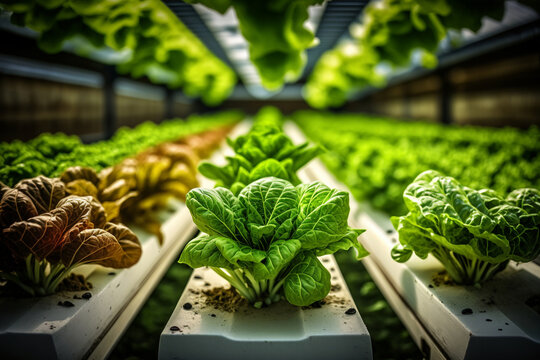 lettuce indoors under uv lamps in soil. Generative AI