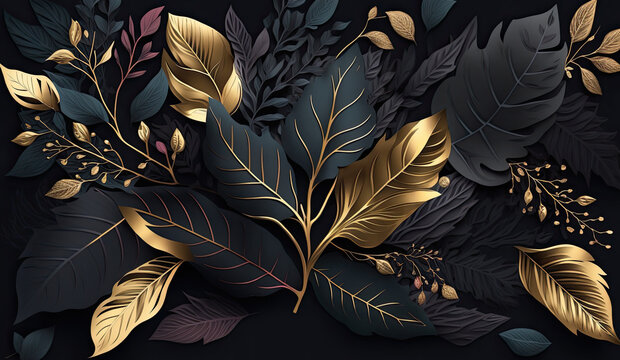 Dark leaves composition, plant background, Generative AI