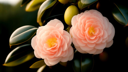Beautiful blooming camellia flower, digital illustration, generated by AI