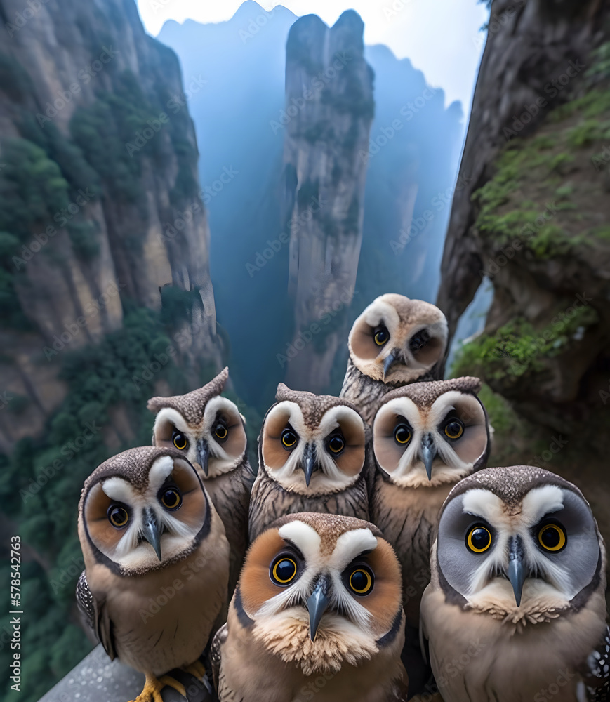 Poster two owls in the mountains