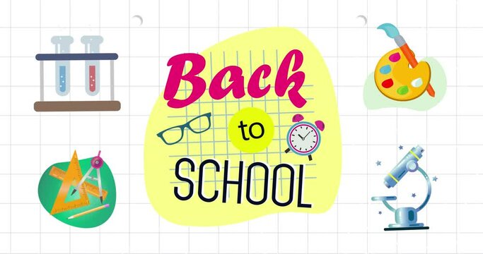Animation of back to school text and school items icons over white background