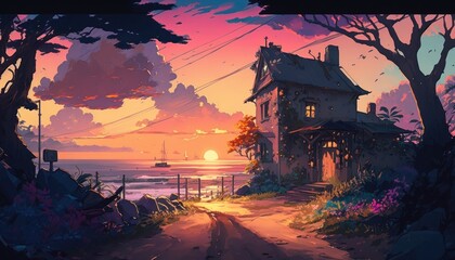 Anime Sunrise Scenery in a Coastal Jungle Village Generative AI