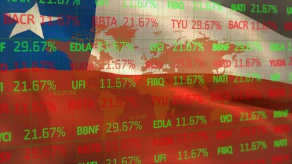Animation of trading board and map over waving national flag of chile - Powered by Adobe