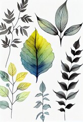 Tree leaves watercolor pattern on white background. Artistic drawn pastel botanical plants painting. AI generated creative decorative floral green vertical poster.