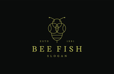 Vintage bee fish logo design vector line art .