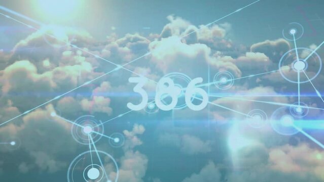 Animation of network of connections and numbers over clouds