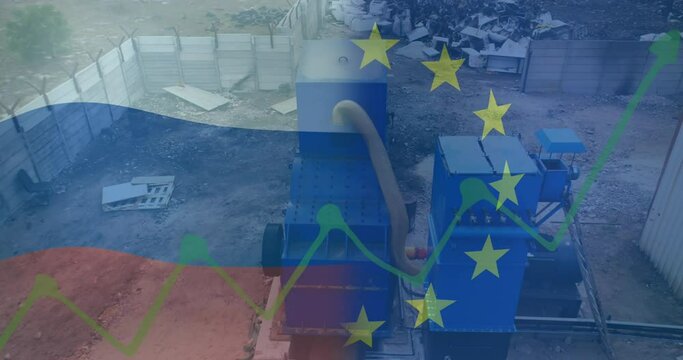 Animation of flags of eu and russia over rubbish dump