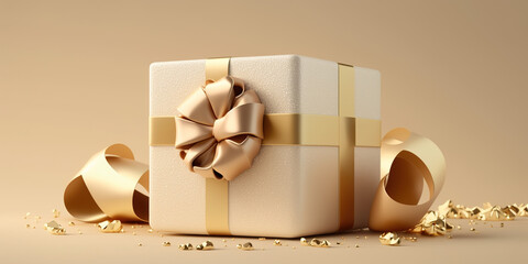 3D gift box, gold ribbon bow on beige pastel background. Present mockup for cosmetic product . Realistic gift with confetti . Copy space banner Birthday, valentine or Christmas 3d render