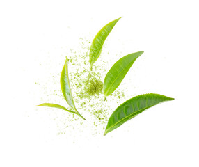 matcha green tea powder with leaf on transparent png