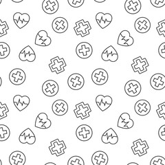 Obraz premium Vector seamless pattern of pulse, cardiogram, medical cross on white background. It can be used for printing on various surfaces