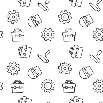 Vector seamless pattern of gear, cogwheel, paint roller, bucket with dye on white background. It can be used for textile, backgrounds, placards, banners, backgrounds