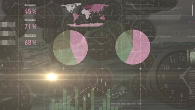 Animation of infographic interface over falling clocks against sea in background