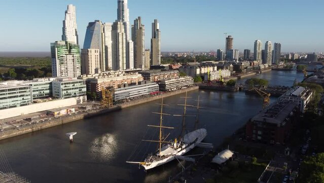 Drone view of sailing ship in city park at Puerto Madero area in Buenos Aires Argentina