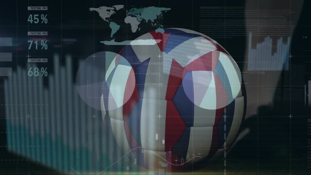 Animation of data processing and football with flag of netherlands over soccer player kicking