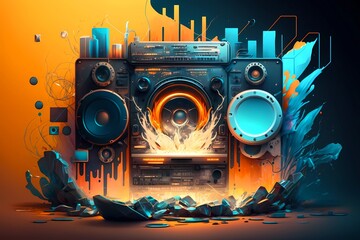 Fototapeta premium Futuristic music abstract visual background. Trendy artistic beat speakers with splash particles visualization. Vibrant musical audio soundwaves. Nightlife EDM scene sound illustration. Generative AI
