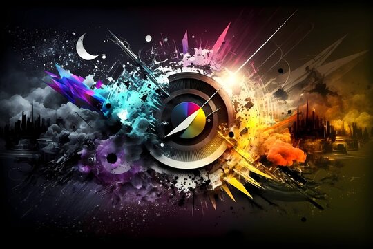 Futuristic music abstract visual background. Trendy techno beat speakers with splash particles visualization. Vibrant musical audio soundwaves. Nightlife EDM scene sound illustration. Generative AI