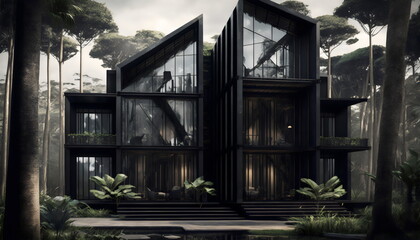 Fototapeta premium modern, architectural black home in jungle made with generative ai