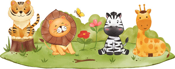 Wildlife on grassland . Watercolor painting design .