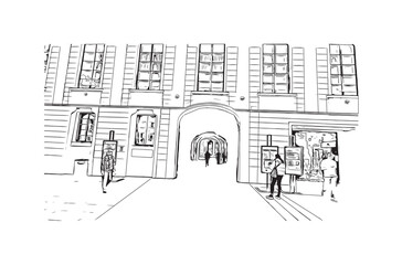 Building view with landmark of Prague is the 
capital of the Czech Republic. Hand drawn sketch illustration in vector