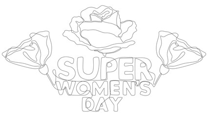 One continuous line of Super Women's Day word with flower. Thin Line Illustration vector concept. Contour Drawing Creative ideas.